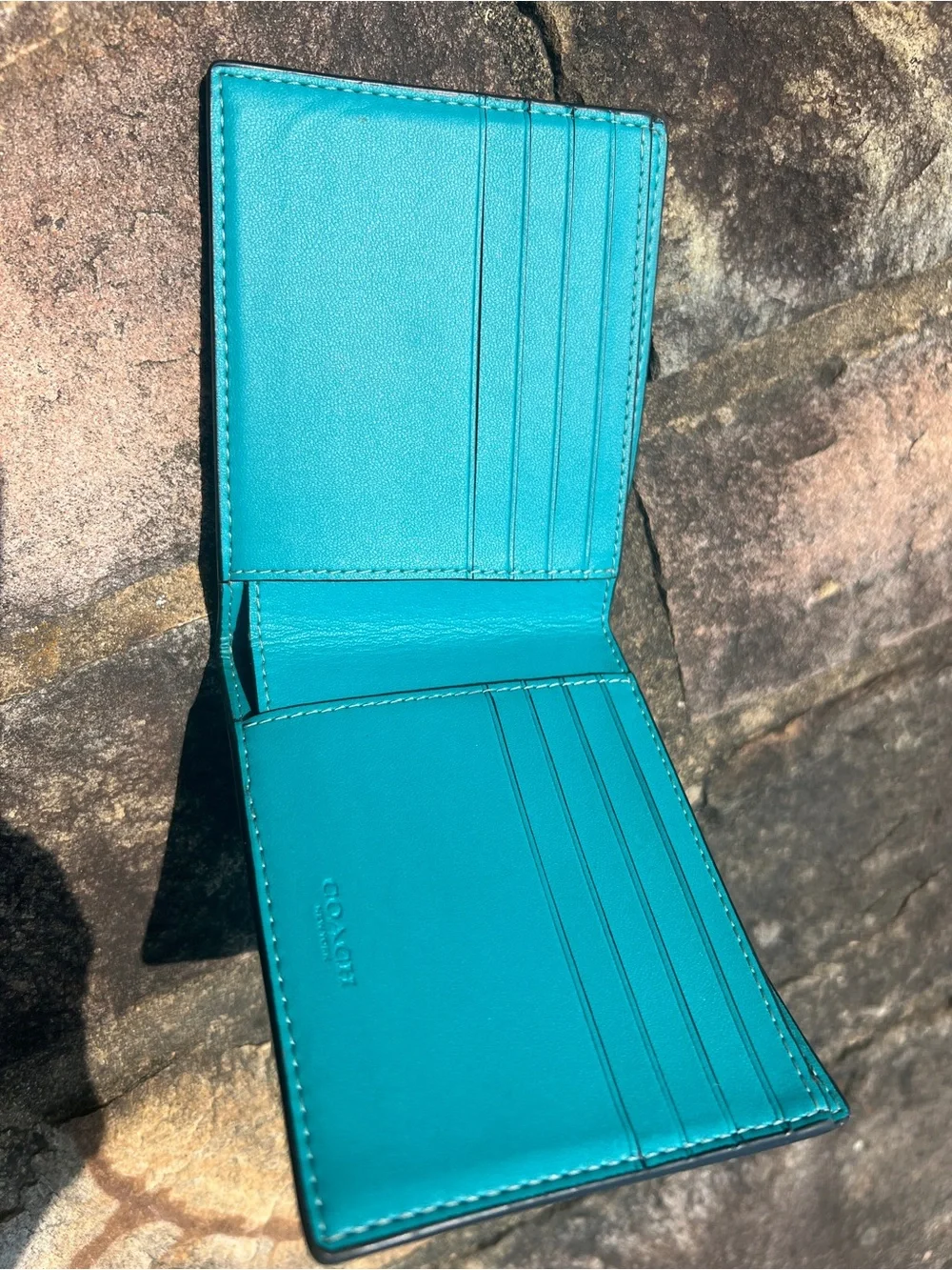 Coach Signature Slim Bi-Fold Wallet              Black/Turquoise (style 74993)